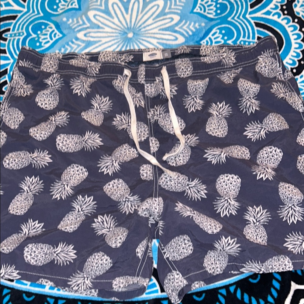 Old Navy Blue and White Swim Trunks with Pineapple Print